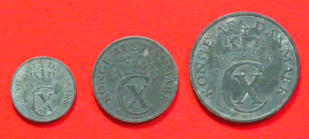 Denmark - Set:  1/2/5 Öre, 1943/1942, circulated (used / vf), # 45a/46a/47a
