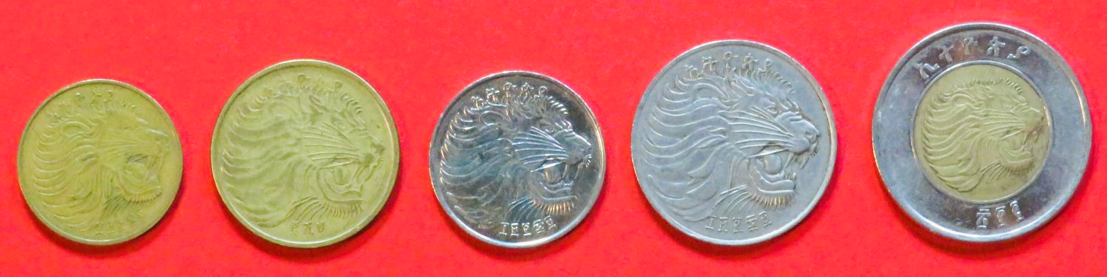 Äthiopien - Set 1: 5/10/25/50 Santeem + 1 Birr, 1976+, gebraucht (used / ss), # 51-54/71