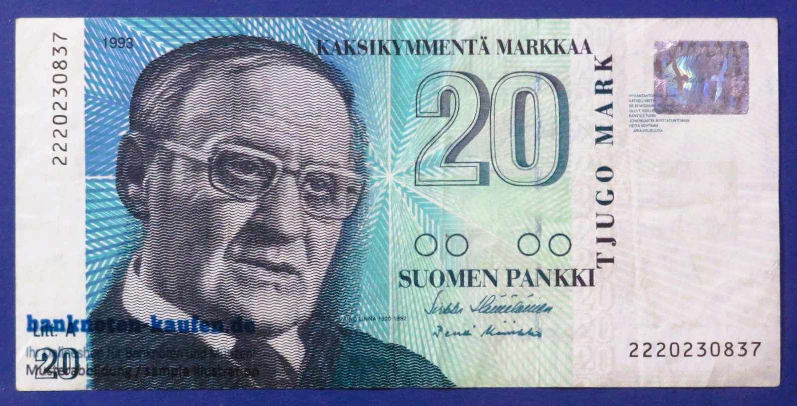 Finland, 20 Markkaa, 1993 (1997), circulated (USED / VF), P-123