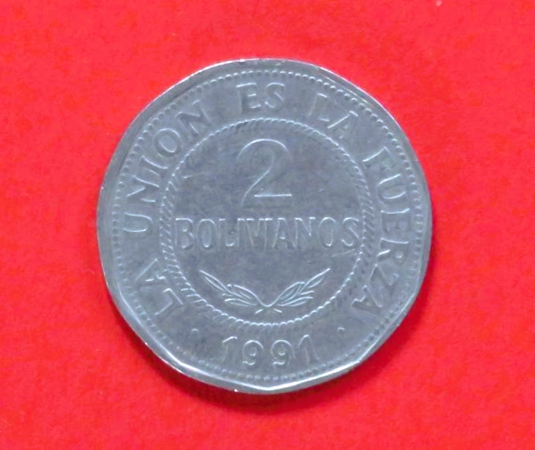 Bolivien, 2 Bolivianos, 1991, gebraucht (used / ss)