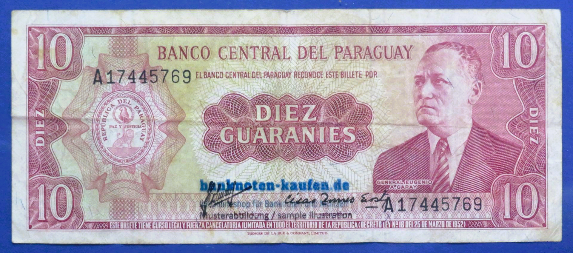 Paraguay, 10 Guaranies, L.1952, circulated (USED / VF), P-196b