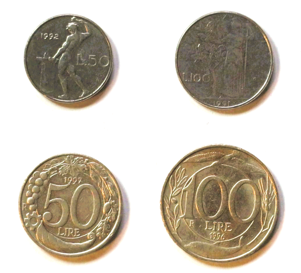 Italy - Set 3: set of 4 coins, 2x50 / 2x100 Lire, 1990-2001, circulated (USED / vf) "smaller type"