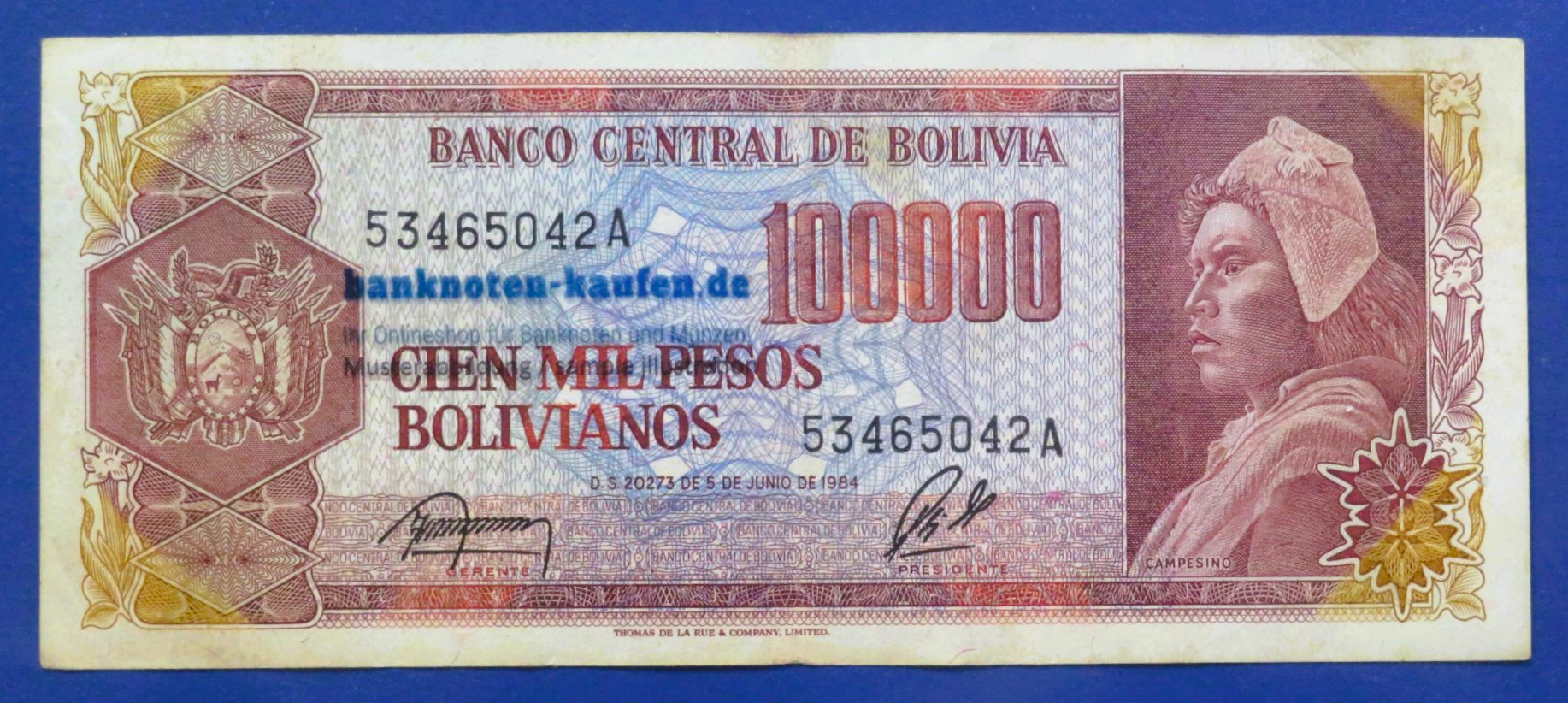 Bolivia - 100,000 Pesos Bolivianos, D. 1984, circulated (USED/ VF), P-171
