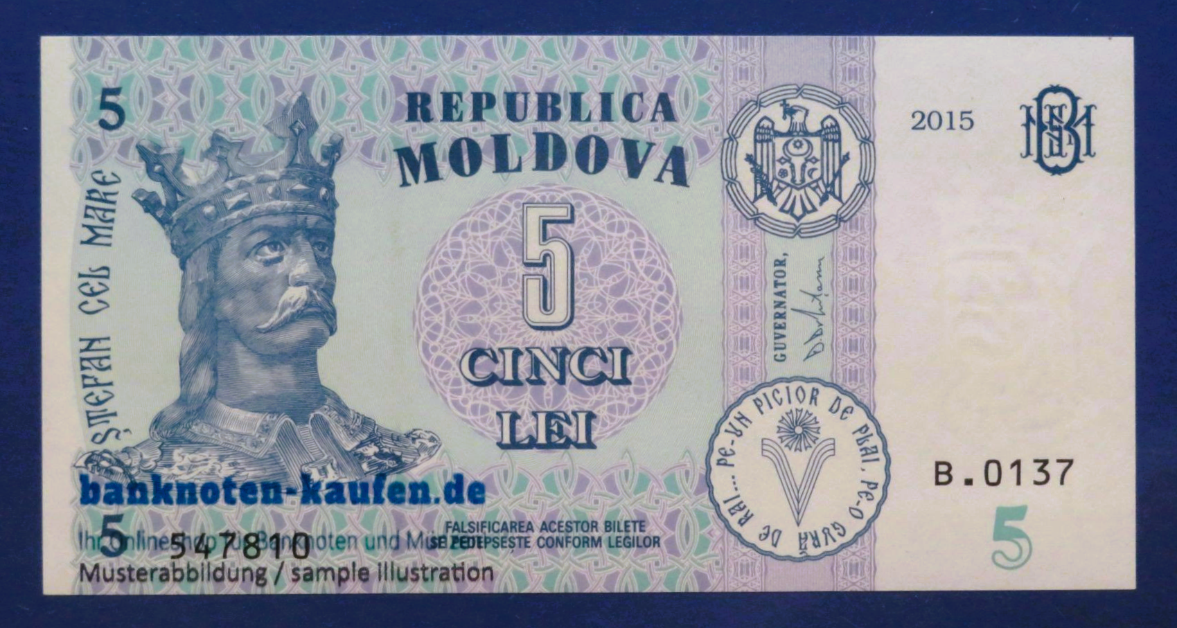 Moldawien, 5 Lei, 2015, kassenfrisch (UNC), P-B22