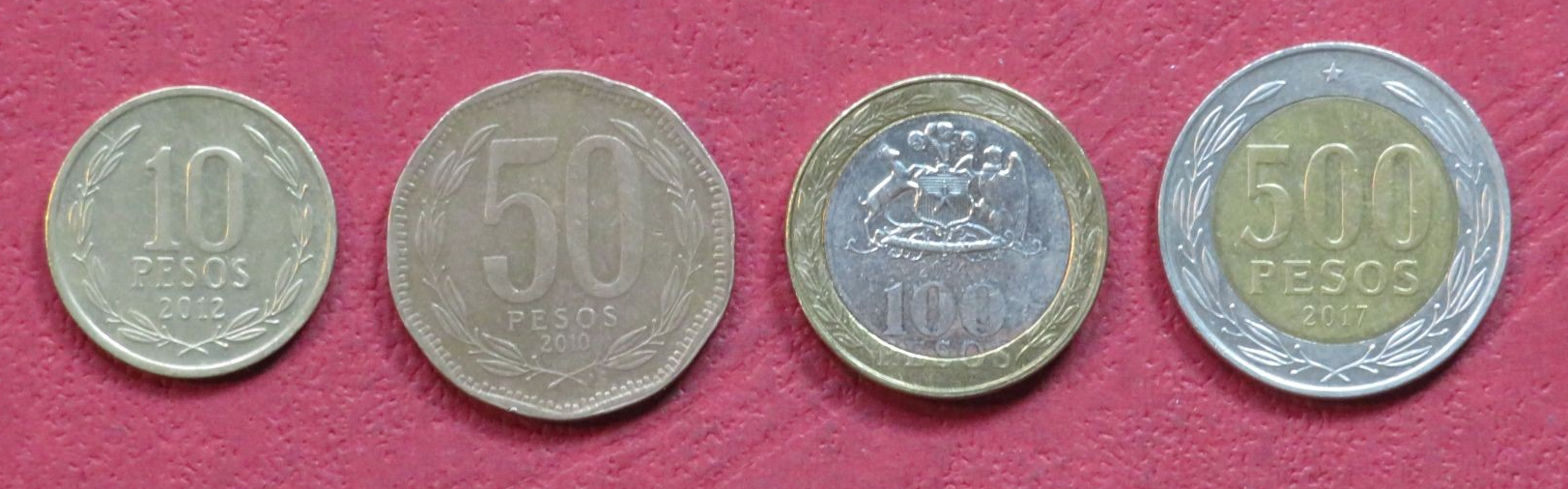 Chile, Set Nr. 6: set of 4 coins, 10-100 Pesos, in use since 1981/1990/2000, circulated (USED / VF) 