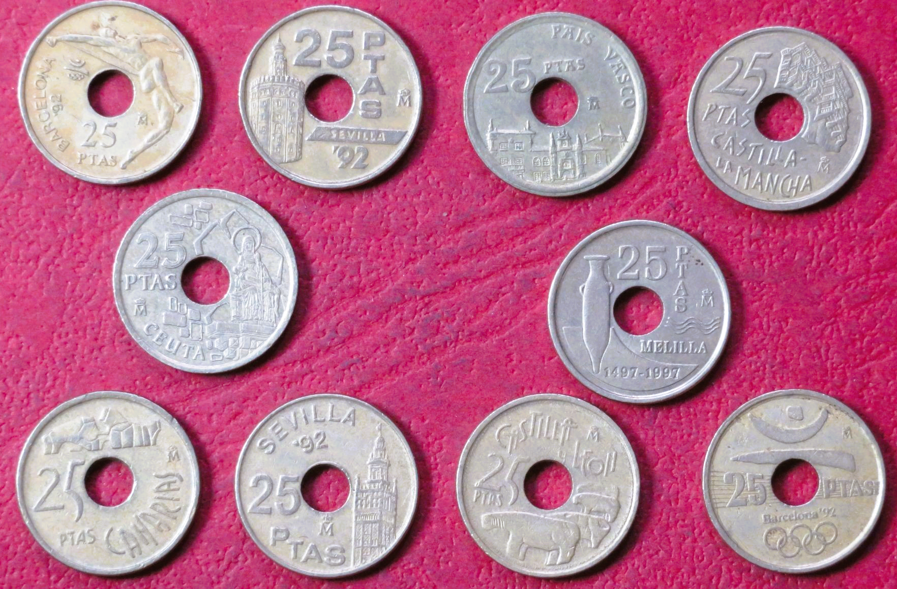 Spain - Set 25-Pts:  10 different coins of 25-Pesetas, 1990-2001, circulated (USED /vf)