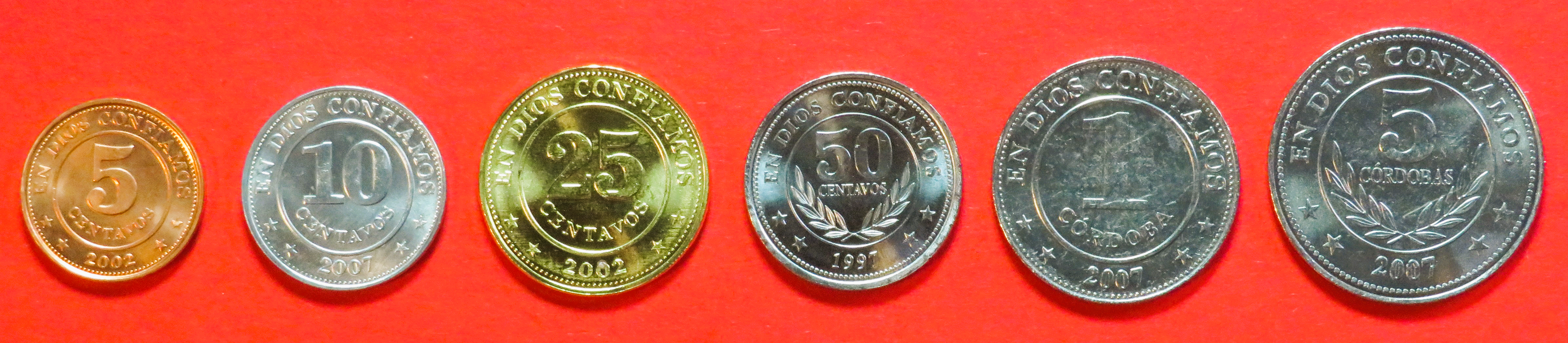 Nicaragua, 5/10/25/50 Centavos + 1/5 Cordobas, 1997+, uncirculated (UNC)