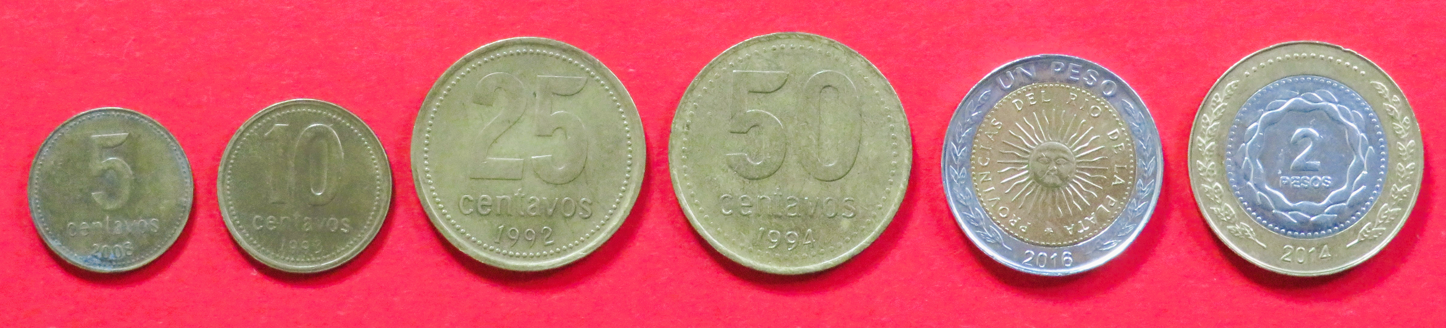Argentina - Set 12:  5/10/25/50 Centavos + 1/2 Pesos, 1992+, circulated (used / vf), # 109-113, 176