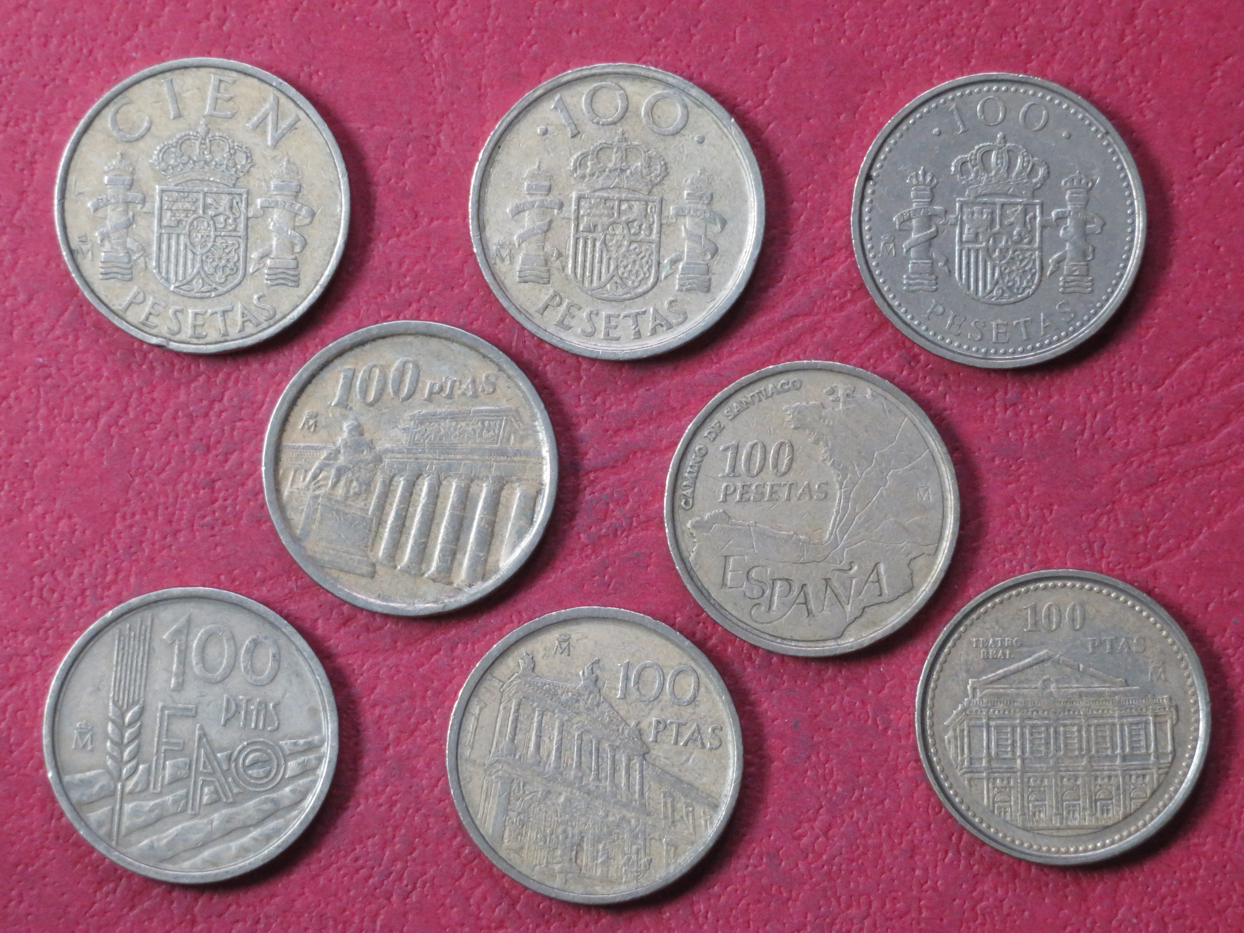 Spain Set 100-Pts:  8 different coins of 100-Pesetas, 1982-2000, circulated (USED)
