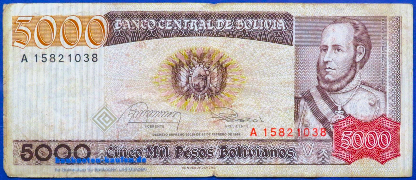 Bolivien, 5.000 Pesos Bolivianos, D. 1984, gebraucht (USED / F), P-168