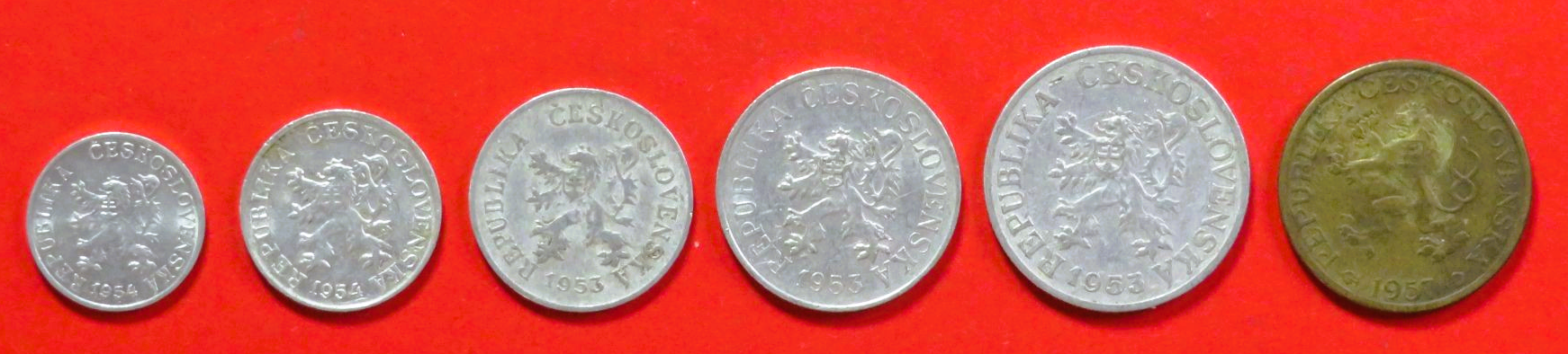Tschechoslowakei - Set 3: 1/3/5/10/25 Heller + 1 Krone, 1953-1960, gebraucht (USED / ss)