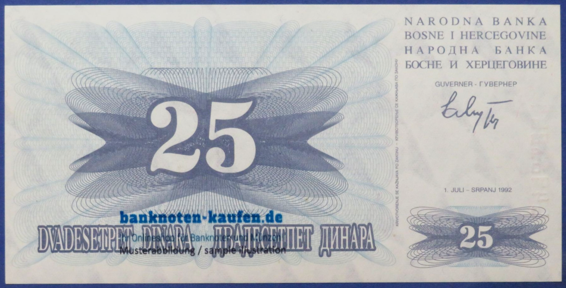 Bosnien Herzegowina, 25 Dinara, 1992, fast kassenfrisch (AU), P-11a
