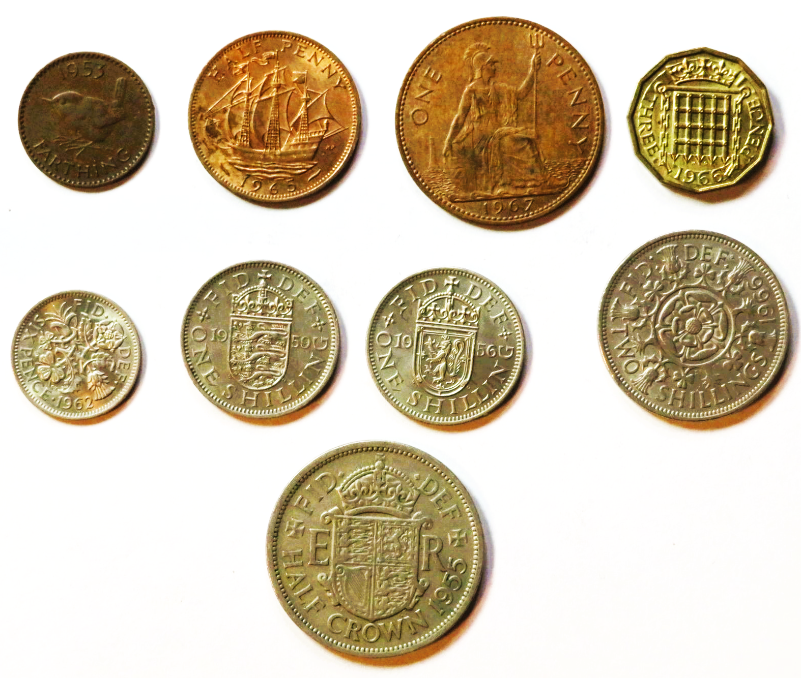Great Britain - Set 3: 9 coins, 1/4p - 1/2 Crown, 1954-1970, circulated (USED / vf), Elizabeth II.