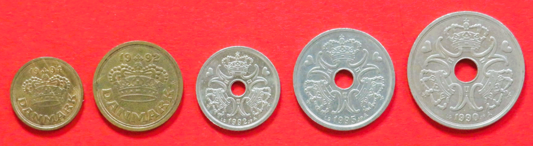 Dänemark - Set 5:  25/50 Öre + 1/2/5 Kroner, 1990+, gebraucht (used / ss-vz), # 84-88