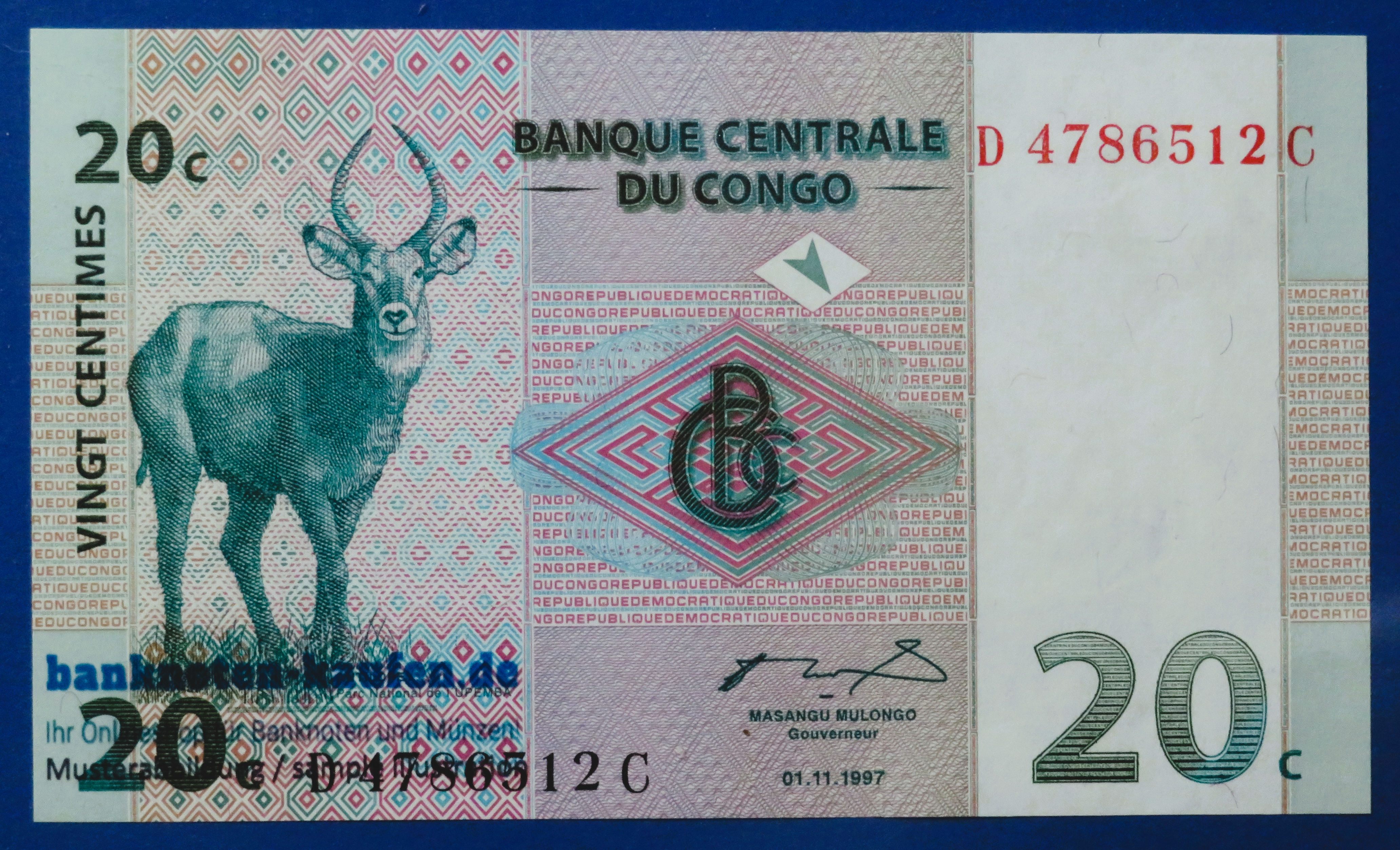 Congo D.R., 20 Centimes, 1997, about uncirculated (AU), P-83