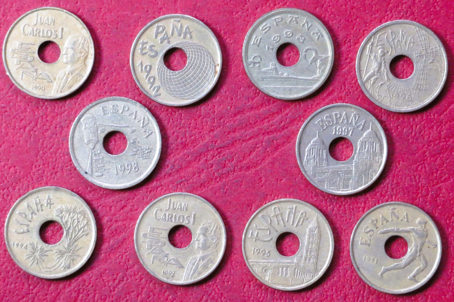 Spain - Set 25-Pts:  10 different coins of 25-Pesetas, 1990-2001, circulated (USED /vf)