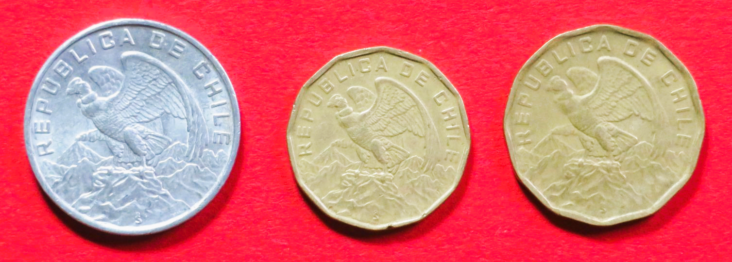 Chile - Set 3:  10/50/100 Escudos, 1974-1975, circulated (used / vf), # 47-49