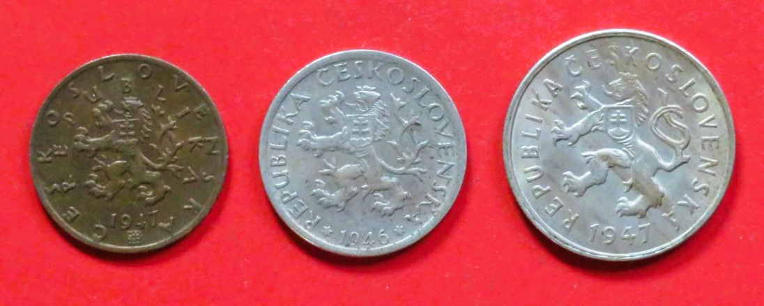 Tschechoslowakei - Set 6:  50 Heller + 1/2 Kronen, 1947-1950, gebraucht (USED / ss)