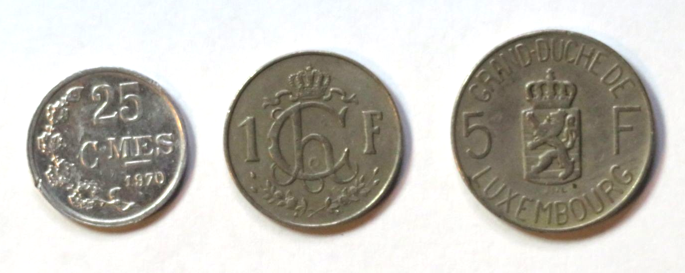 Luxemburg-Set 2: 3 Münzen, 0,25/1/5 Francs, ab 1946-1972, gebraucht (USED / ss)