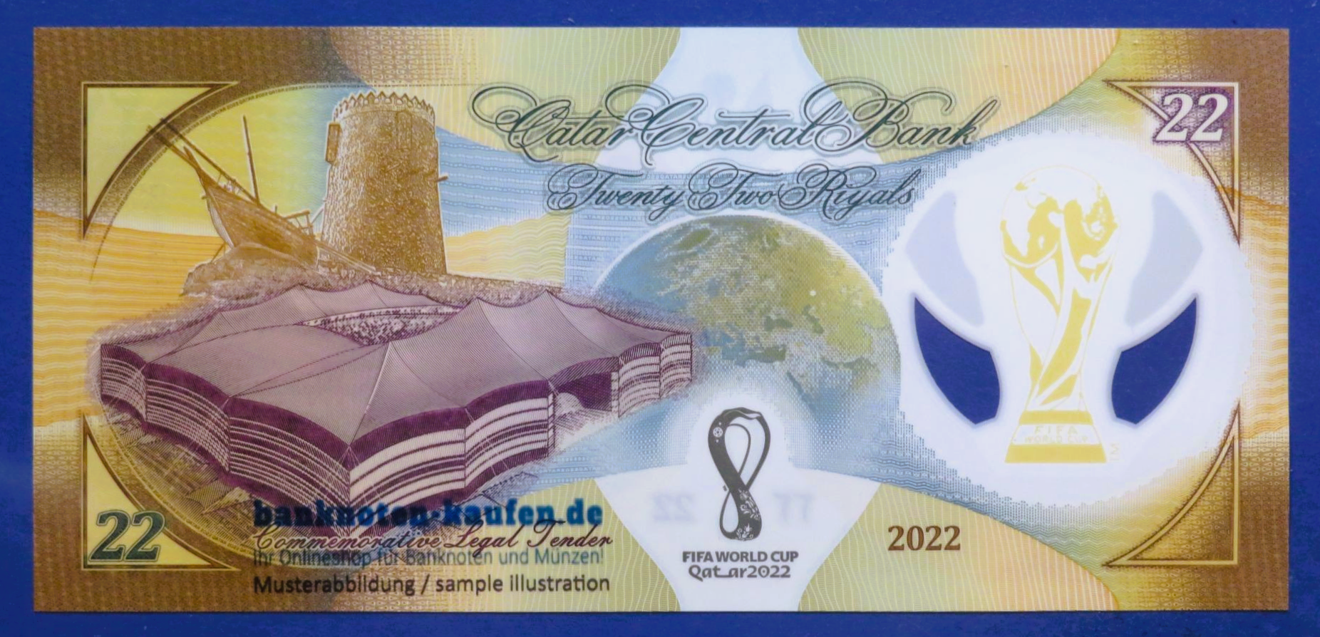 Katar, 22 Riyals, 2022, kassenfrisch (UNC), Polymer, Gedenkausgabe, P-39