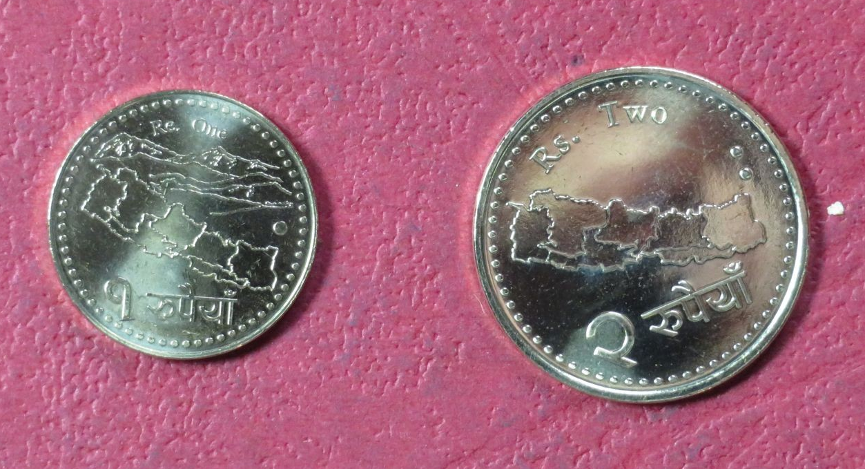 Nepal Set:  2 coins, 1+2 Rupees,  uncirculated (UNC)      
