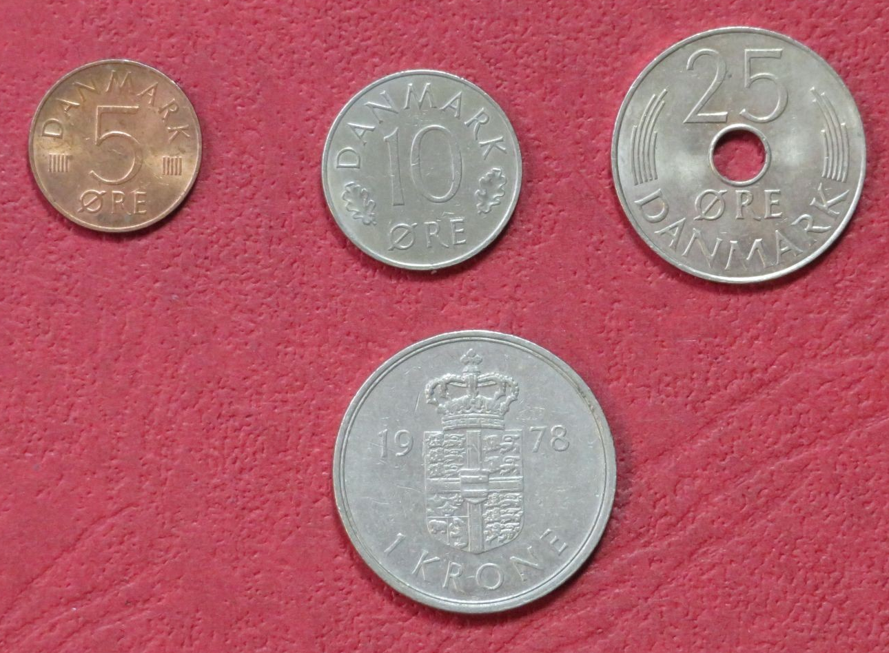 Denmark - Set 6: set of 4 coins, 0.05-1 Kroner, 1973-1989, circulated (USED / vf)     