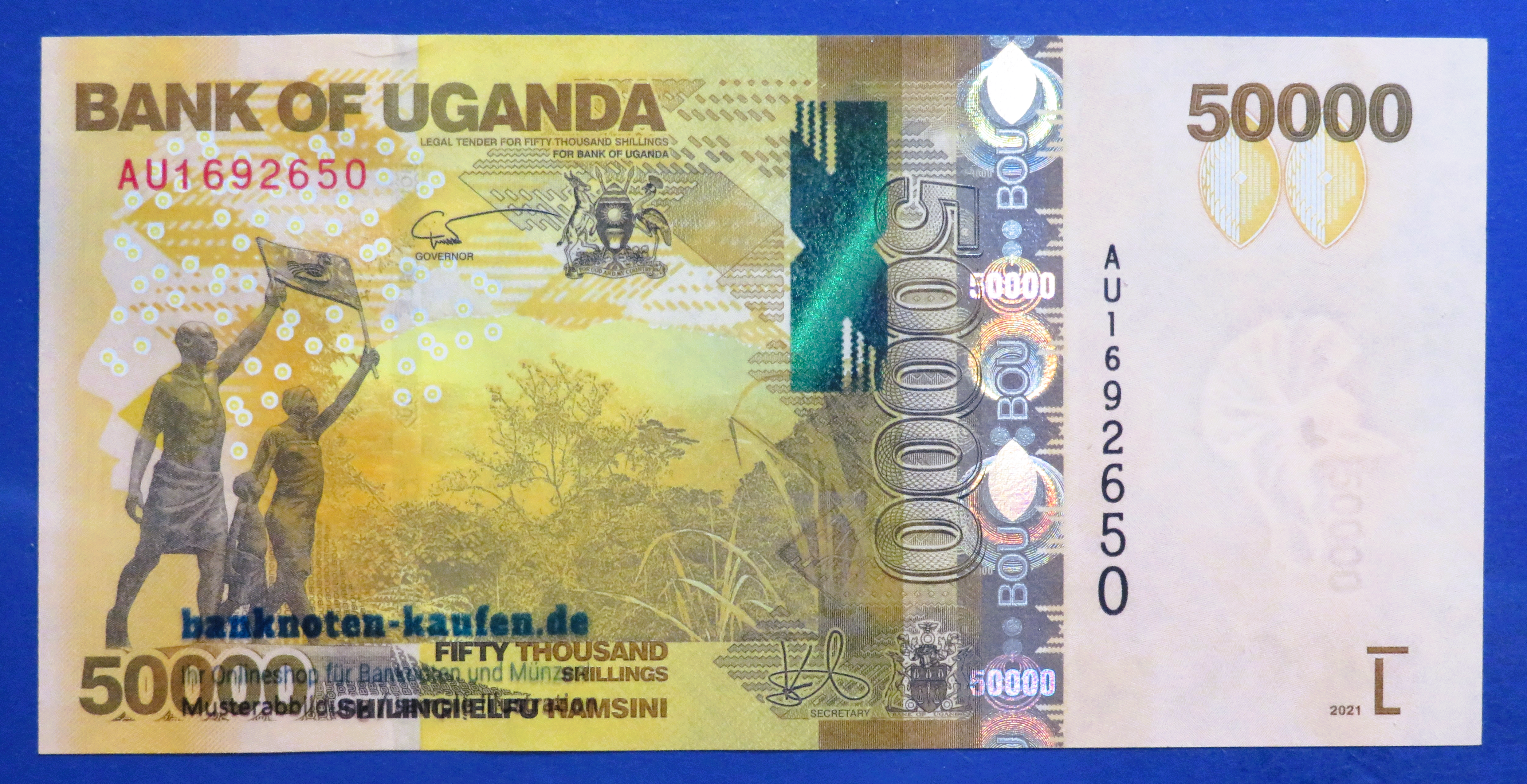 Uganda - 50,000 Shillings, 2021, circulated (USED / XF), P-54e