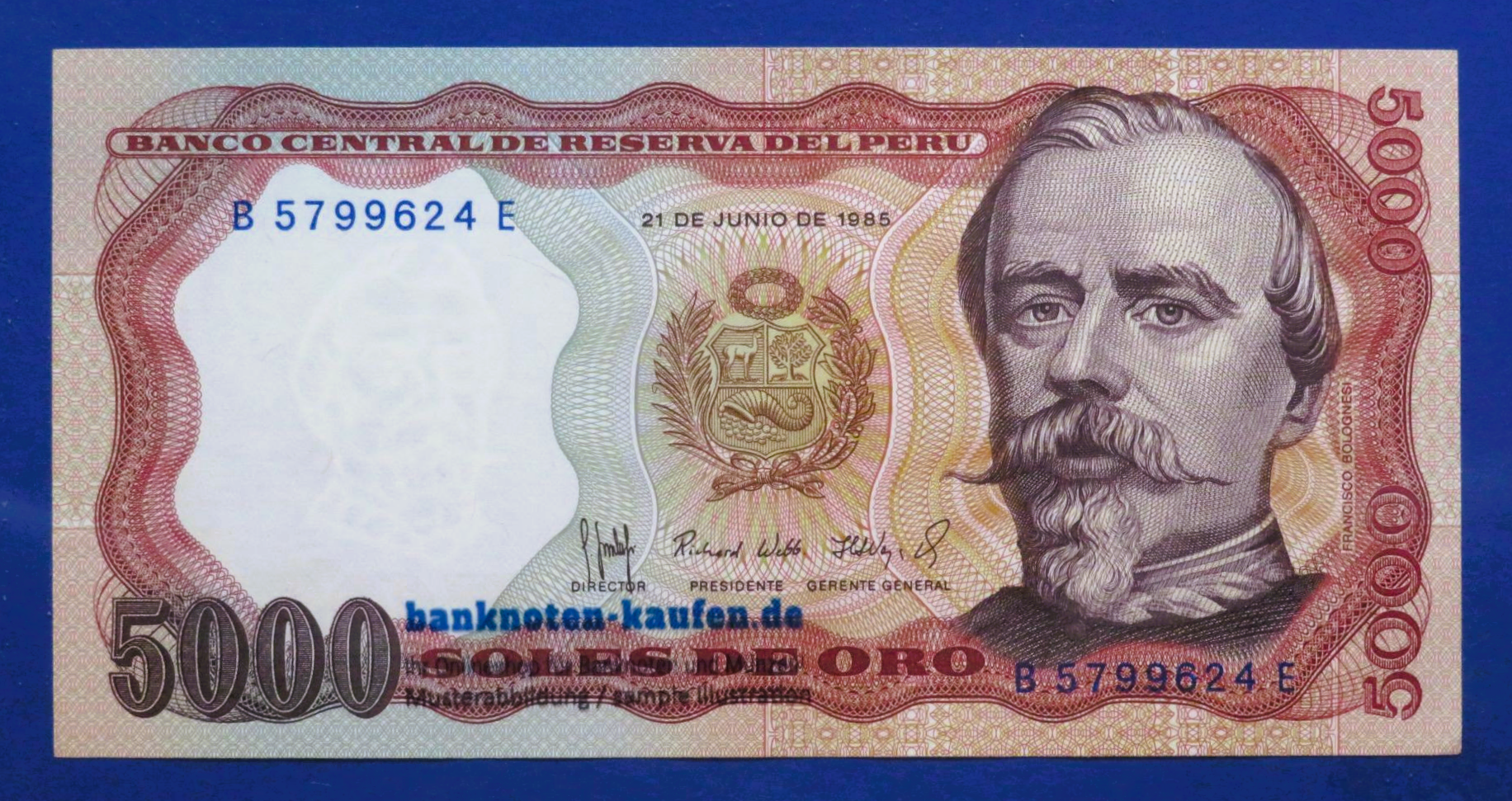 Peru - 5,000 Soles de Oro, 1985, about uncirculated (AU), P-117c