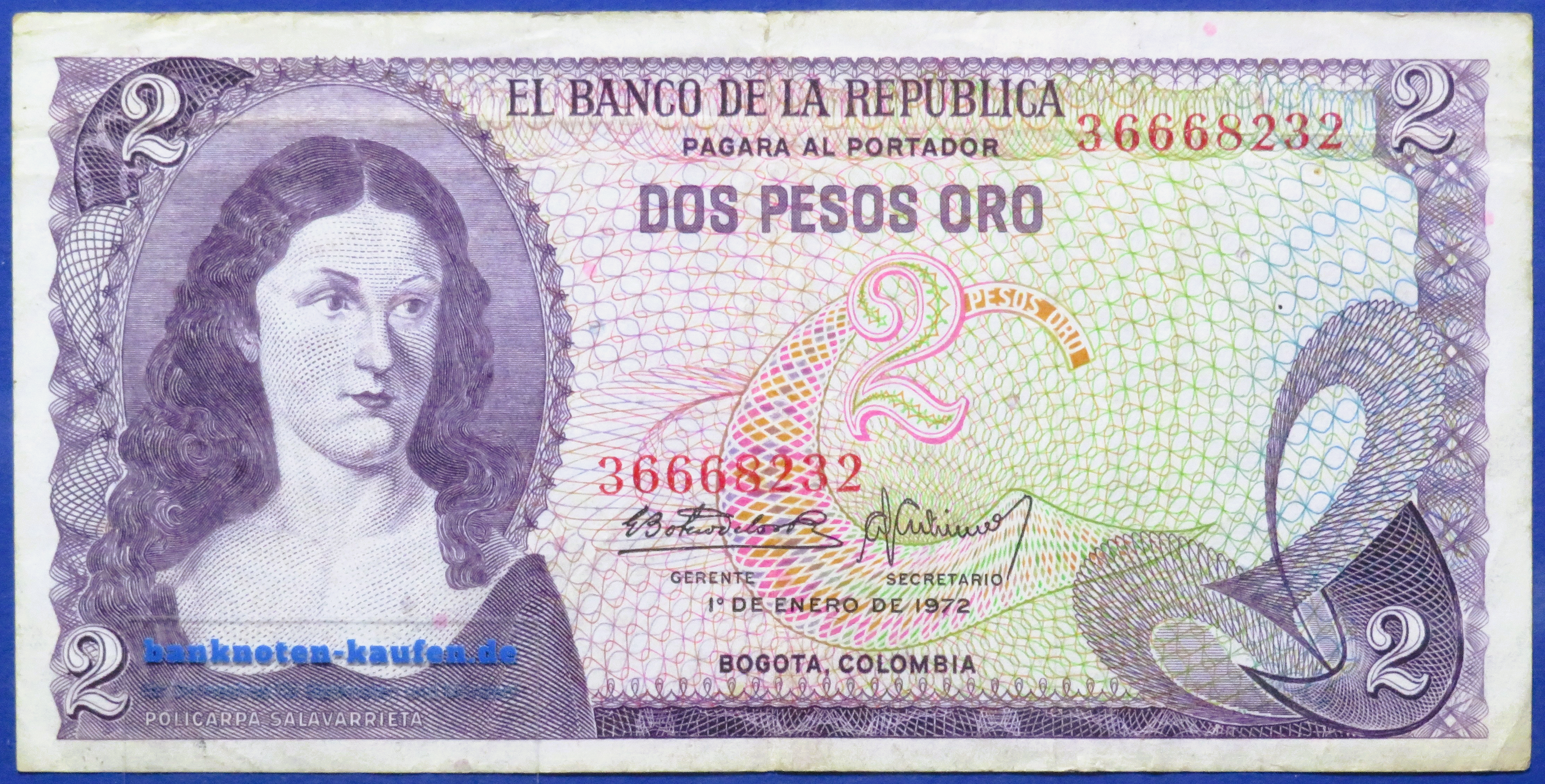 Kolumbien, 2 Pesos oro, 1972, gebraucht (USED / VF-), P-413a