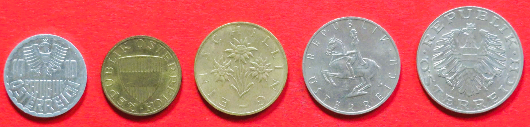 Austria - Set 6: 10/50 Groschen + 1/5/10 Schilling, 1951-2001 circulated (used / vf), # 67/76-78a/112