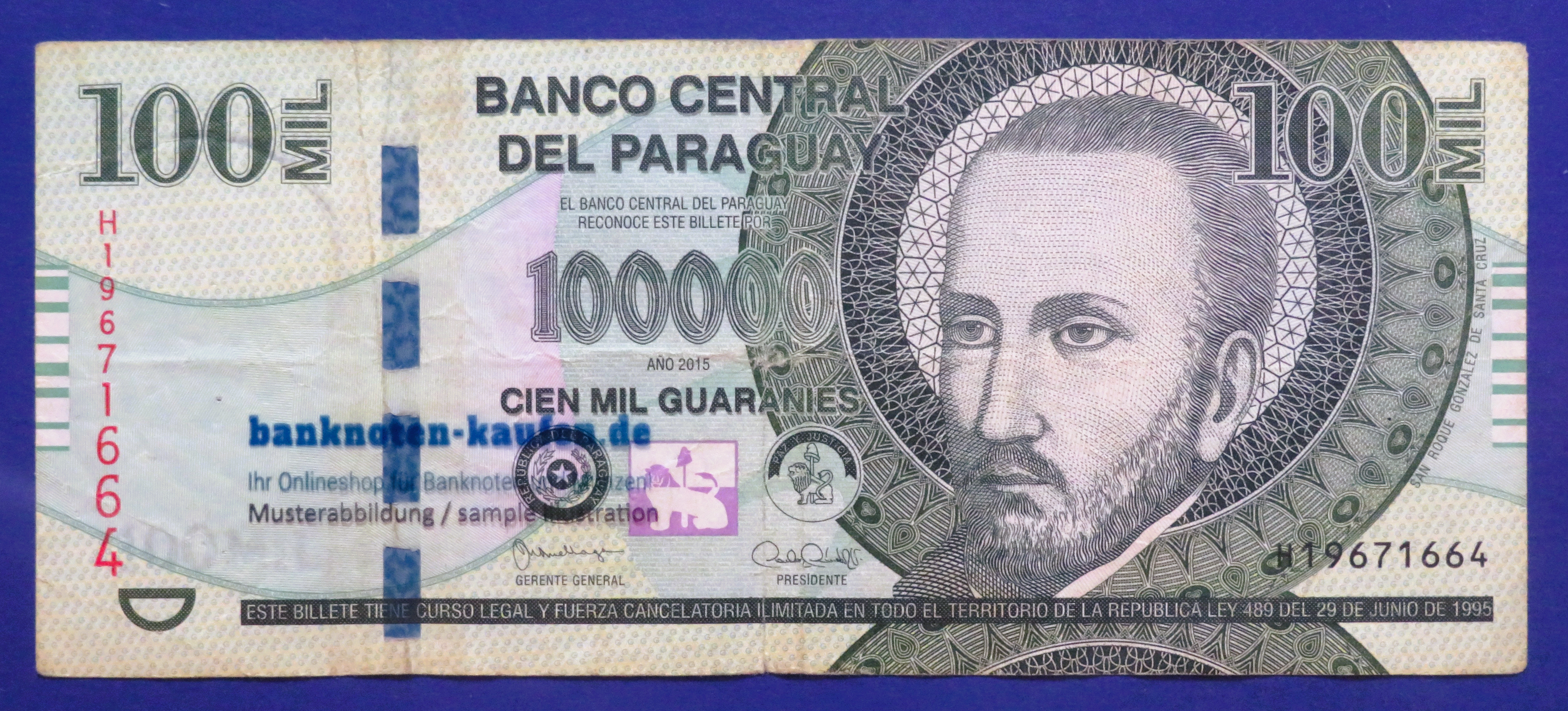 Paraguay - 100,000 Guaranies, 2015, circulated (USED / VF-), P-240a