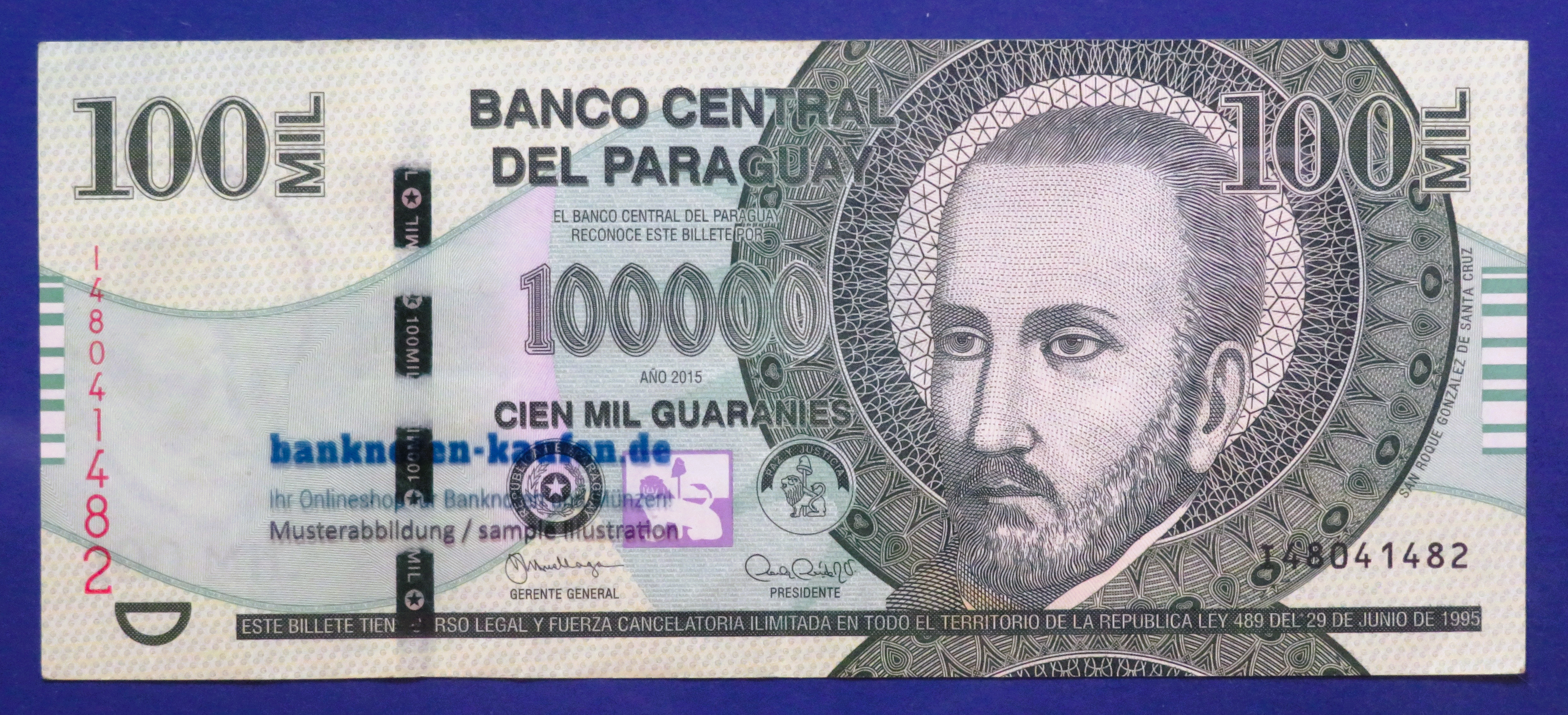Paraguay - 100,000 Guaranies, 2015, circulated (USED / VF+), P-240b