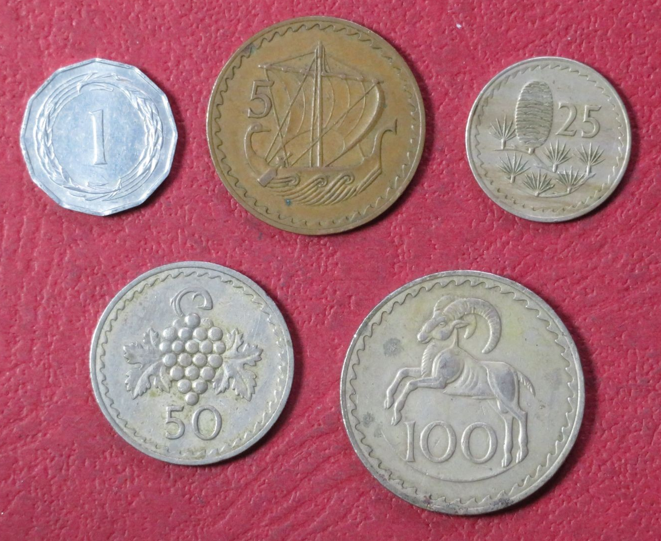 Cyprus Set 2:  5 coins, 1-100 Mils, 1963-1982, circulated (USED)      