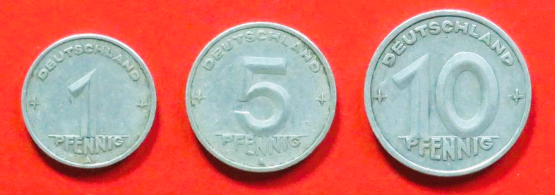 DDR - Set 1: 1/5/10 Pfennig, 1948-1950, gebraucht (used / ss), # 1-3