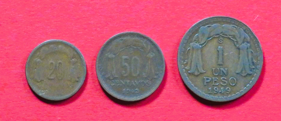 Chile - Set: 20/50 Centavos + 1 Peso, 1942/1942/1949, gebraucht (used / ss), #23-25