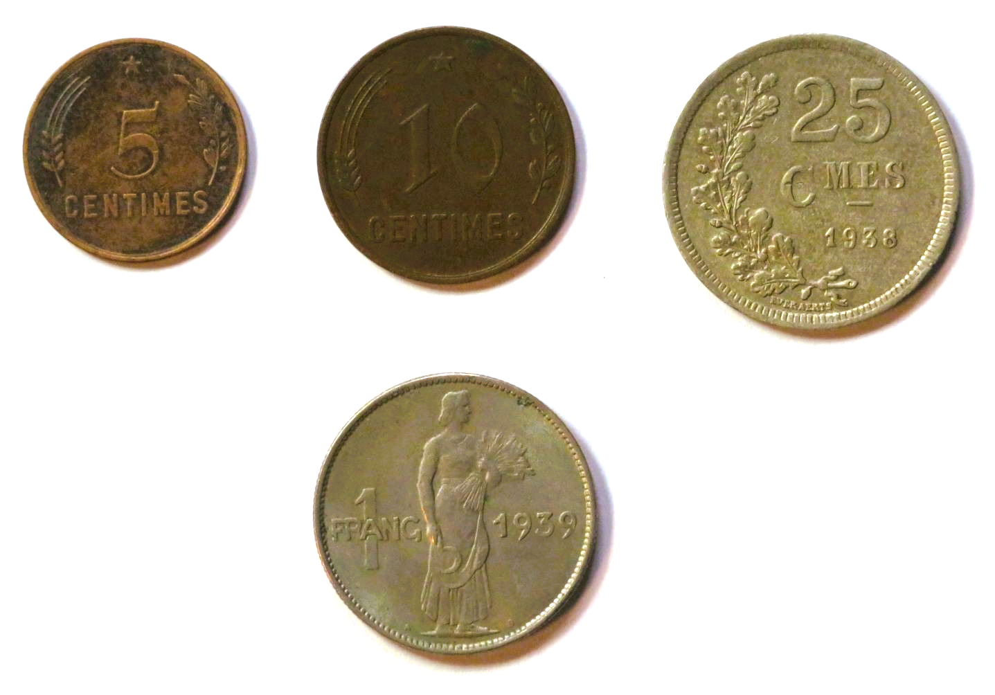 Luxemburg-Set 1: 4 Münzen, 0,05/0,1/0,25/1 Franc, ab 1930-1939, gebraucht (USED / ss)
