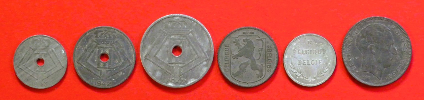Belgien - Set:  5/10/25 Centimes +1/2/5 Francs (FR-Version / Zink), 1941-1947, gebraucht (USED / ss)