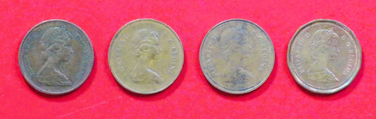 Canada - Set:  4 x 1 Cent (variants), 1965-1989, circulated (used / vf), # 58.1/58.2/58a/59