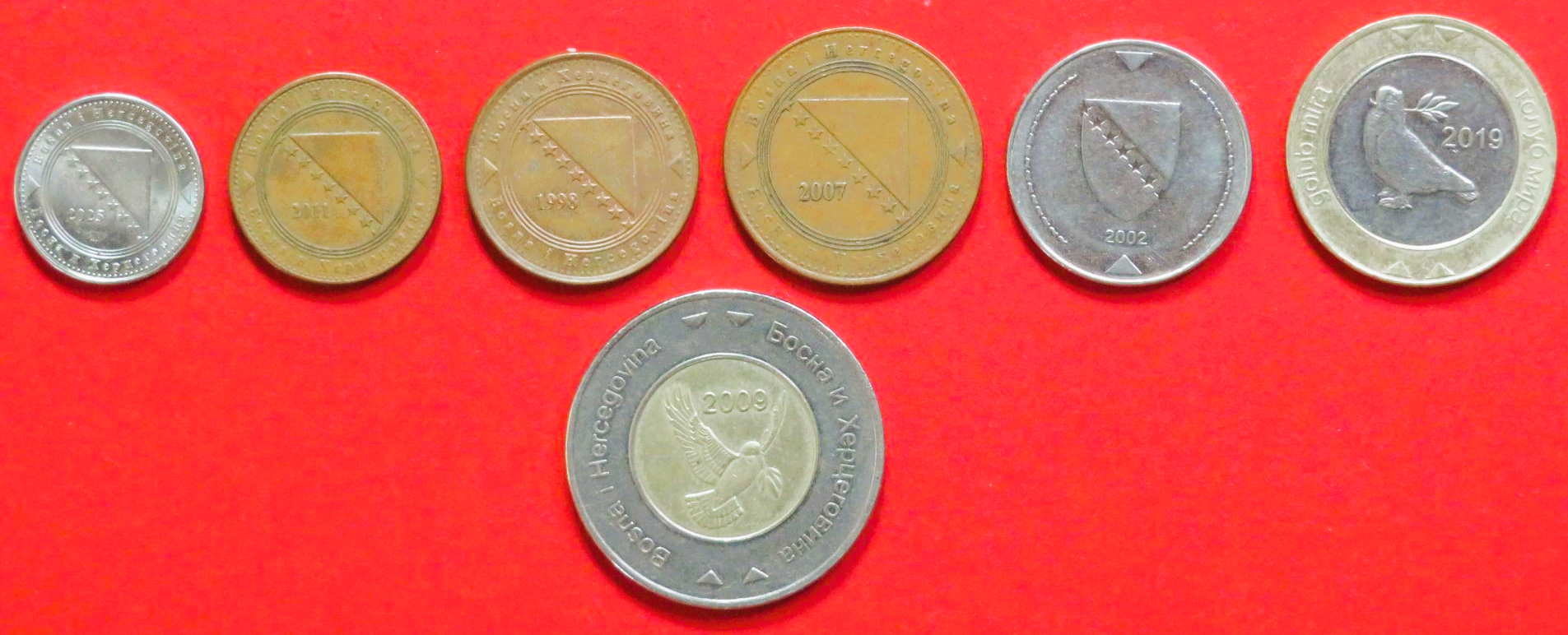 Bosnien-Herzegowina - Set 1:  5/10/20/50  Feninga + 1/2/5 Maraka, 1998+, gebraucht (used / ss+), # 120-126