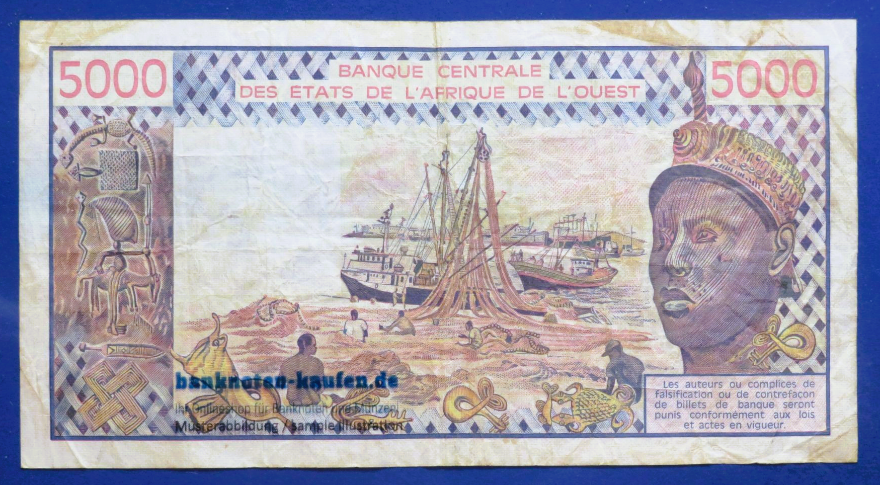 West African States - 5,000 Francs, 1977, circulated (USED / VF-), P-108Ae