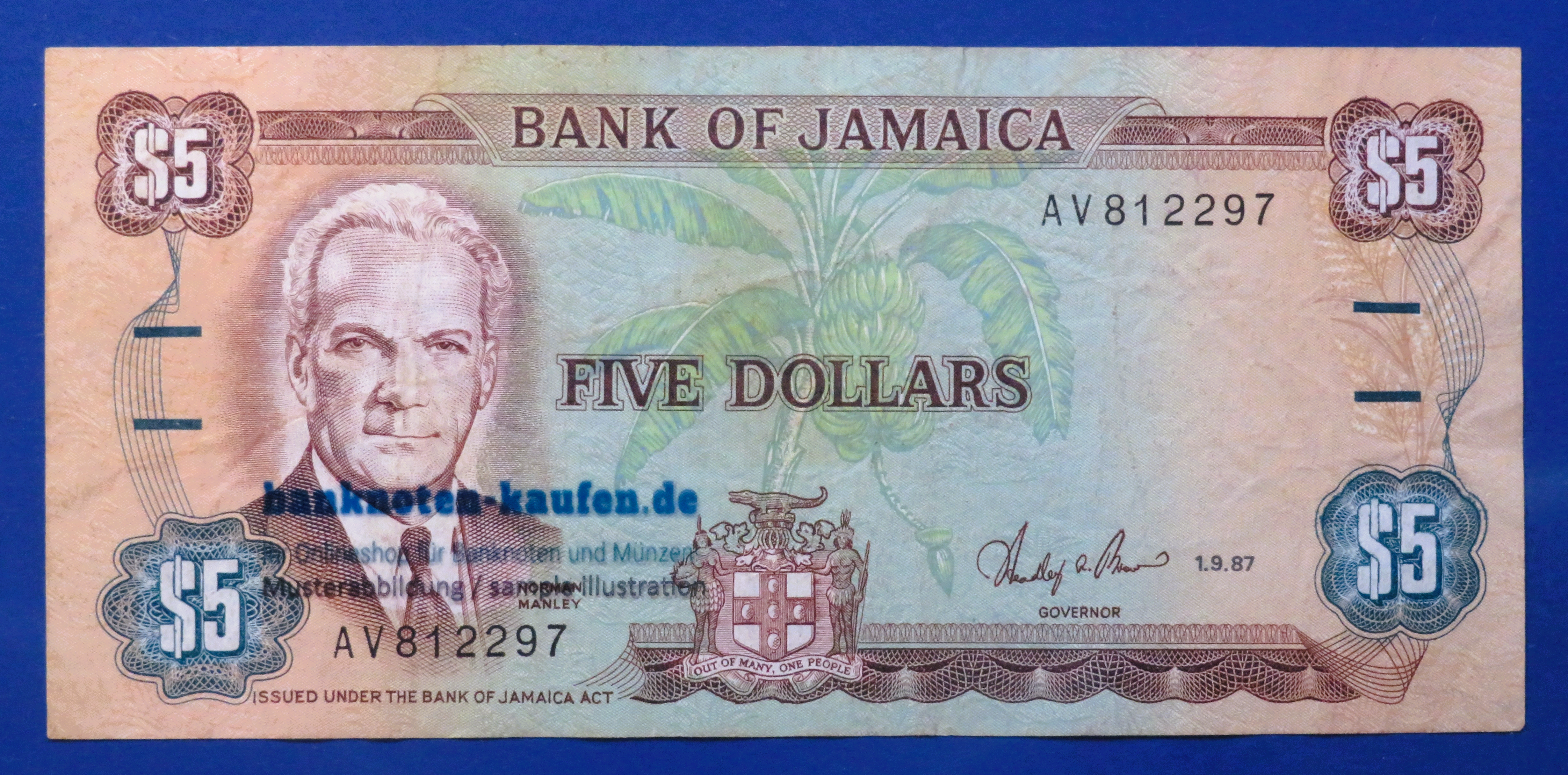 Jamaica, 5 Dollars, 1987, circulated (USED / VF), P-70b