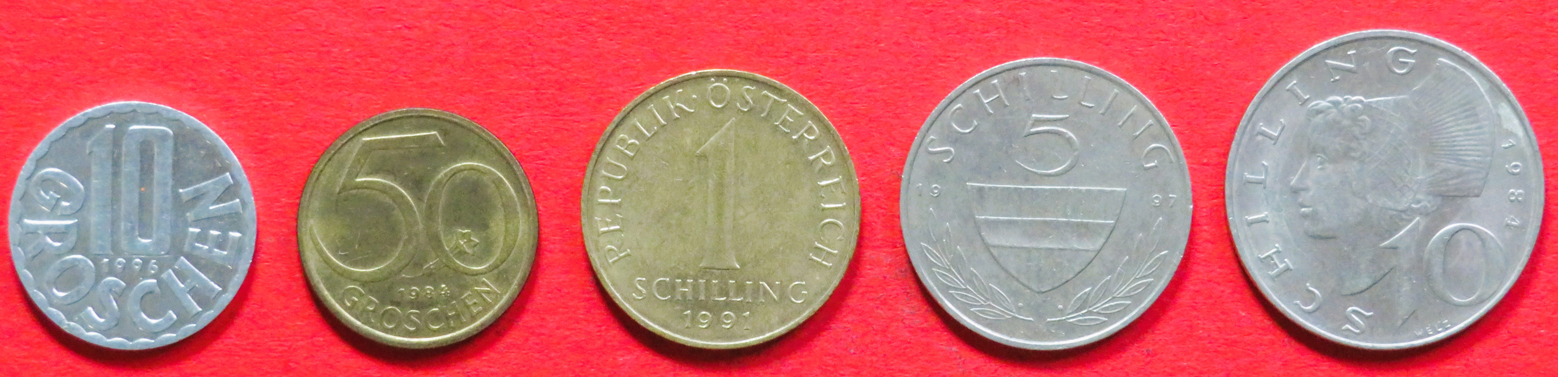 Österreich - Set 6: 10/50 Groschen + 1/5/10 Schilling, 1951-2001, gebraucht (used / ss), # 67/76-78a/112