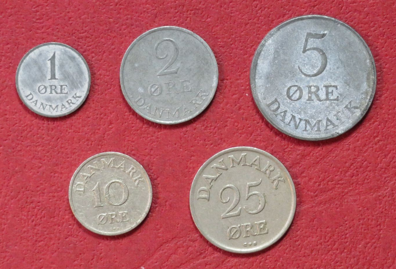 Denmark - Set 4: set of 6 coins, 0.01-0.25 Kroner, 1948-1972, circulated (USED / vf)      