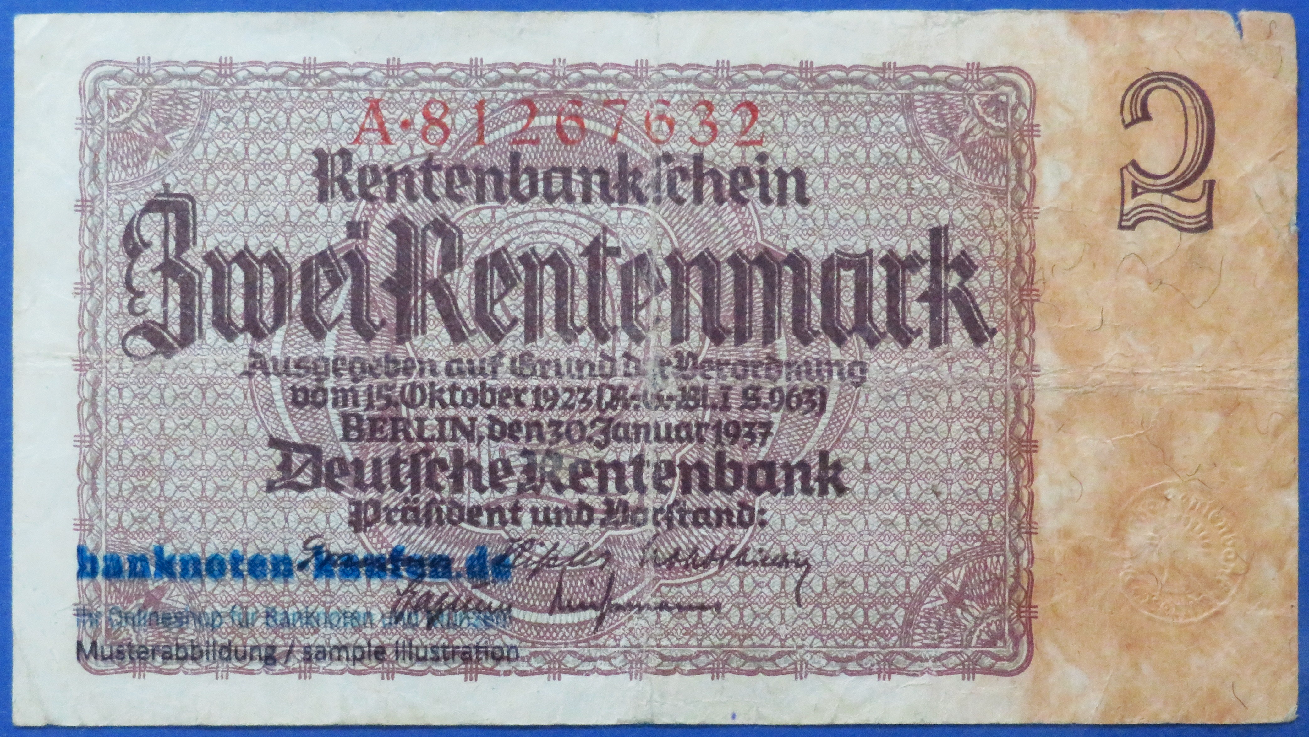 Deutschland, 2 Rentenmark, 1937, gebraucht (USED / F), P-174b