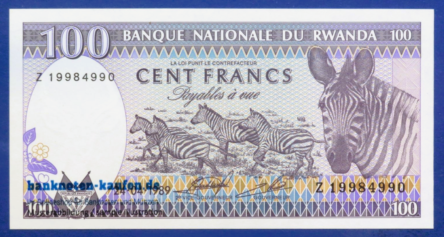 Ruanda, 100 Francs, 1989, kassenfrisch (UNC), P-19