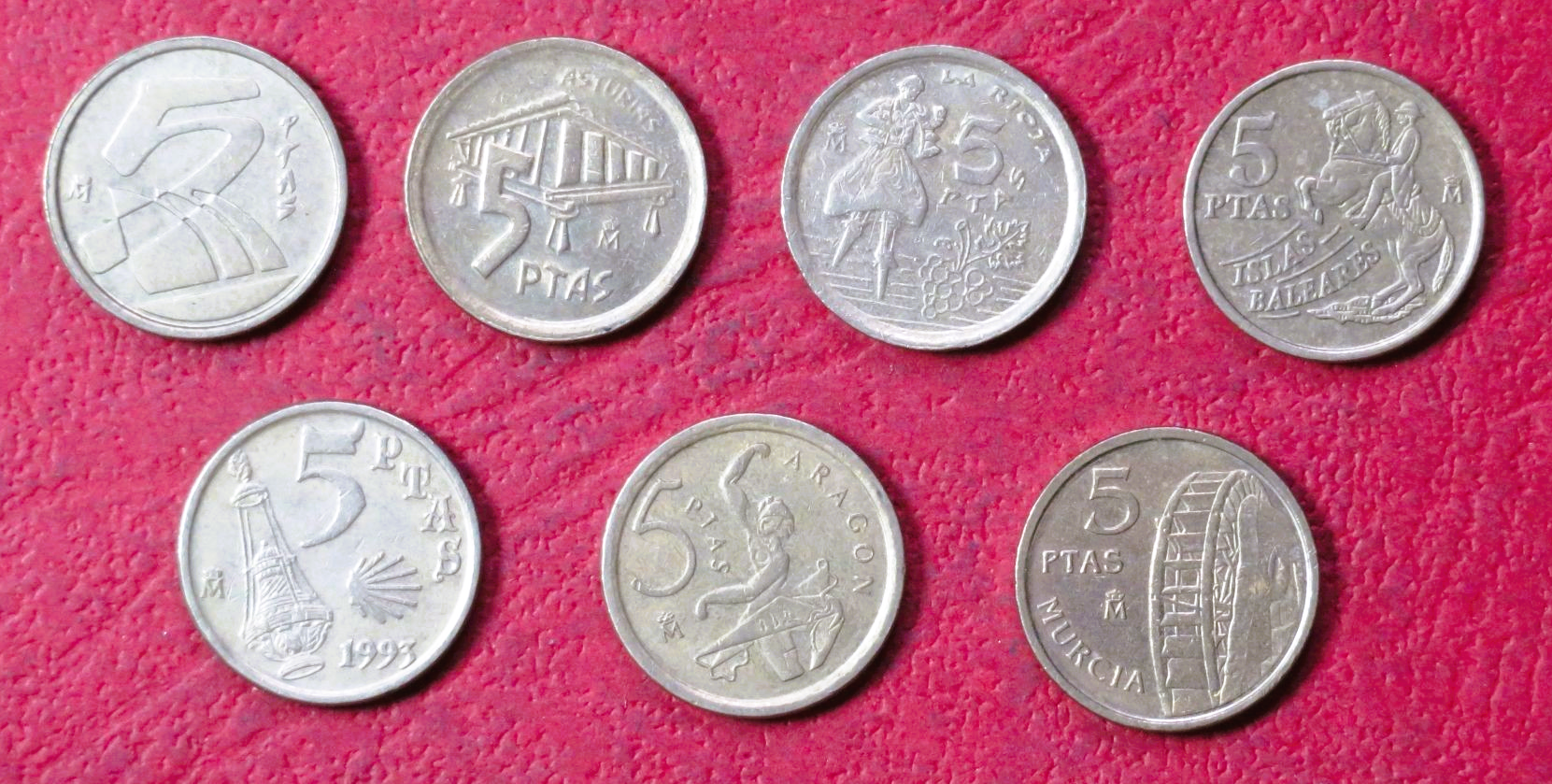 Spain - Set 5-Pts:  7 different coins of 5-Pesetas, 1989-2001, circulated (USED / vf)