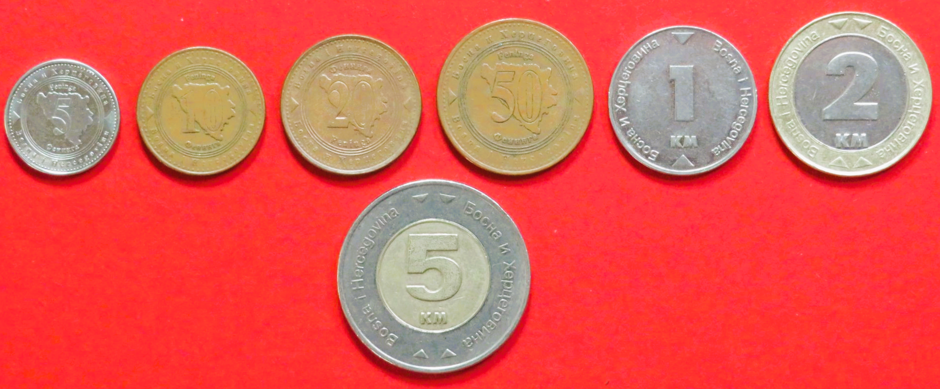 Bosnien-Herzegowina - Set 1:  5/10/20/50  Feninga + 1/2/5 Maraka, 1998+, gebraucht (used / ss+), # 120-126