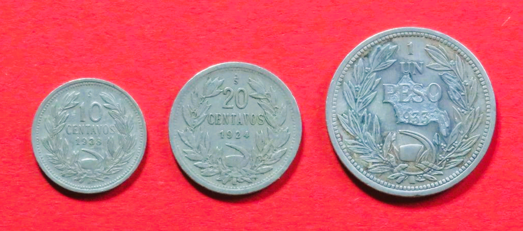 Chile - Set:  10/20 Centavos + 1 Peso, 1938/1924/1933, gebraucht (used / ss), # 10/12/17