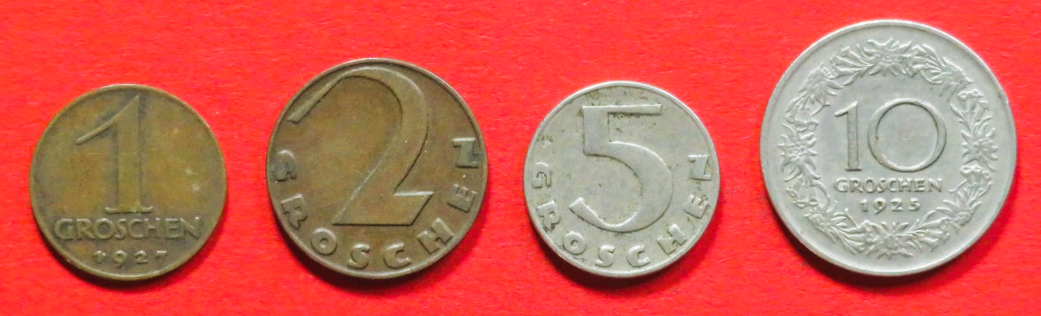 Österreich - Set 4:  1/2/5/10 Groschen, 1925-1938, gebraucht (used / ss), # 39-42