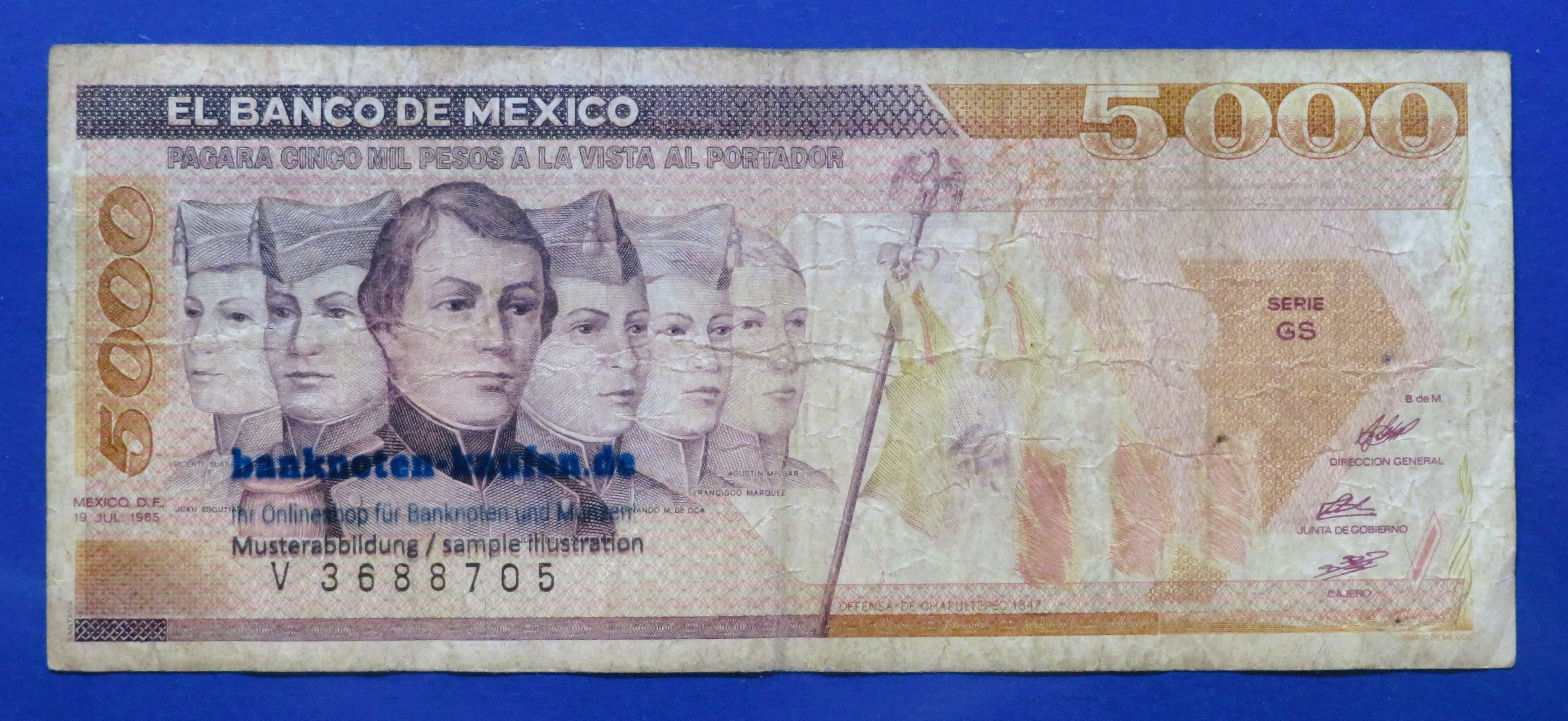 Mexico - 5,000 Pesos, 1985, circulated (USED / F), P-88a
